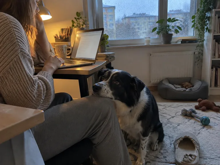 Pies opiera łeb o udo osoby pracującej przy laptopie, a na podłodze leżą kapcie i zabawki